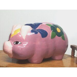 Large Pig Swine Ceramic Figurine statue 11" Floral pink blue white Cute Coble EC
